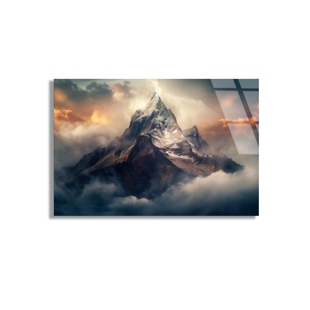 Bulutlu Dağ Zirvesi Cam Tablo