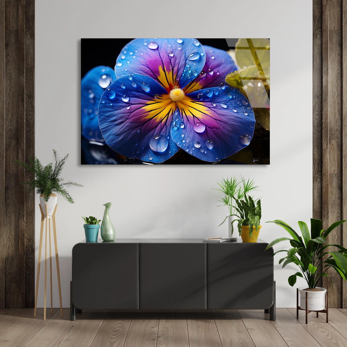 Çiy Damlalı Mavi Menekşe Cam Tablo