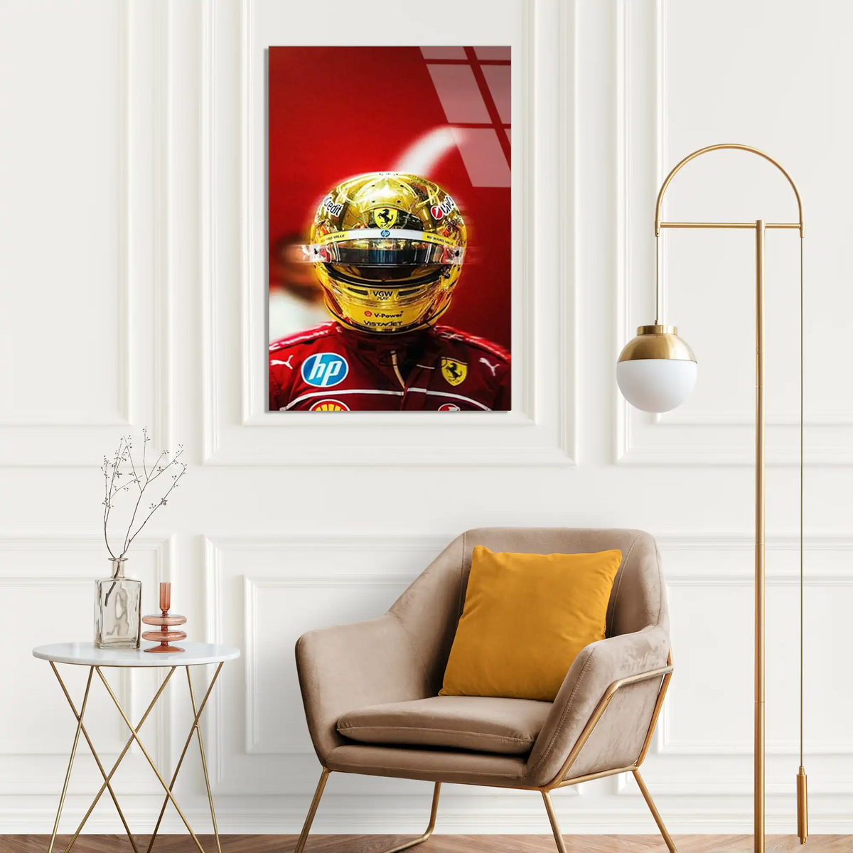 Ferrari Altın Kask F1 Cam Tablo – Formula 1 Duvar Dekoru - DEG0893