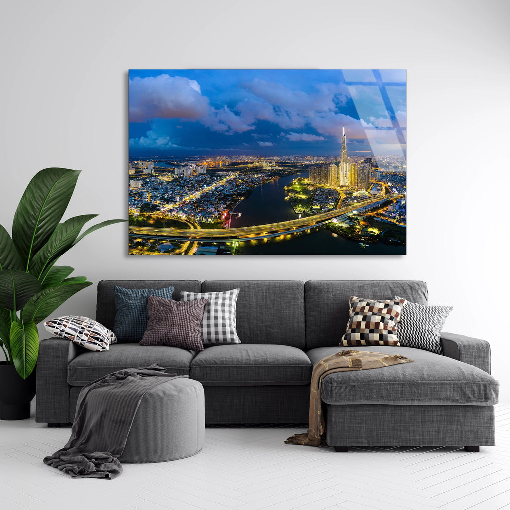 Gece Şehir Manzarası Cam Tablo