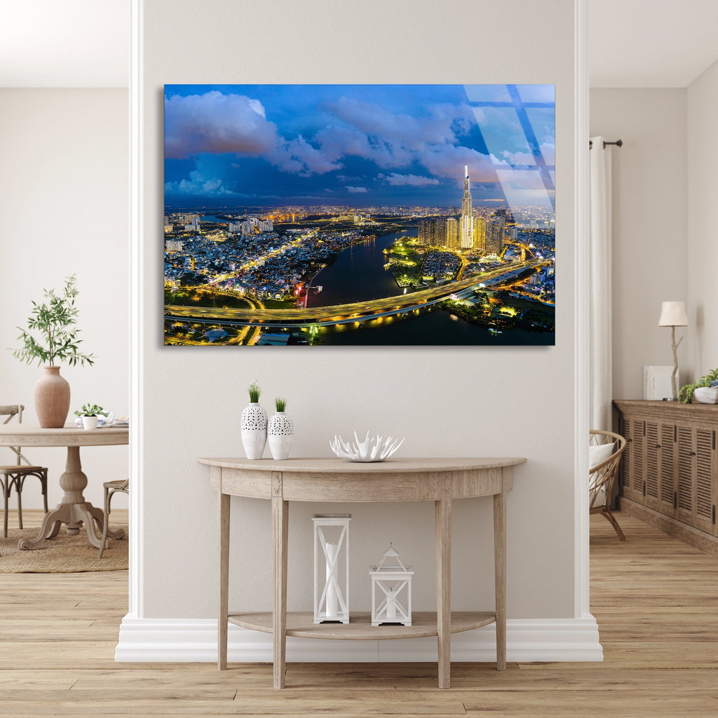 Gece Şehir Manzarası Cam Tablo