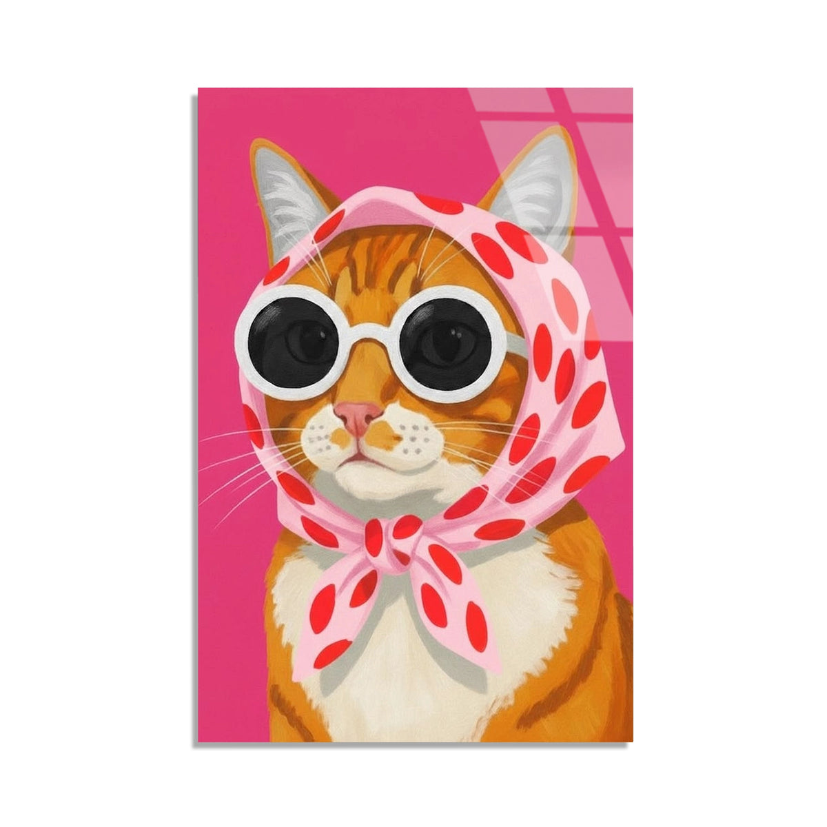 Gozluklu Esarpli Kedi Cam Tablo