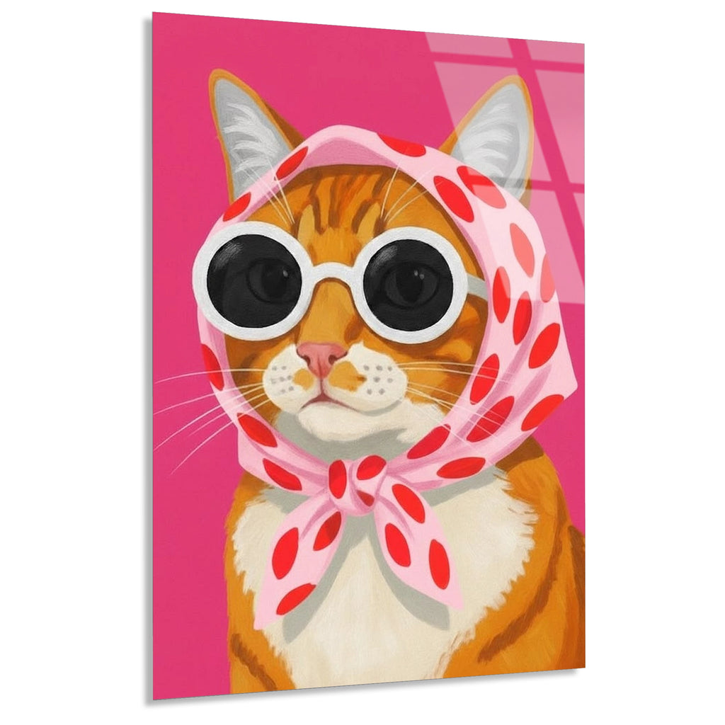 Gozluklu Esarpli Kedi Cam Tablo