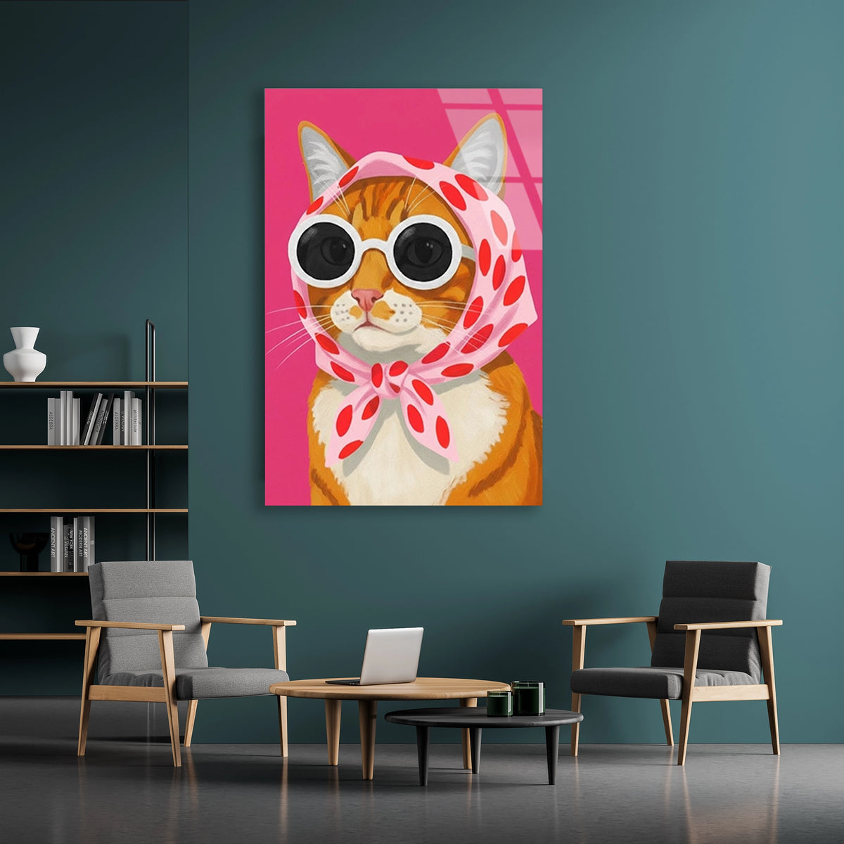 Gozluklu Esarpli Kedi Cam Tablo