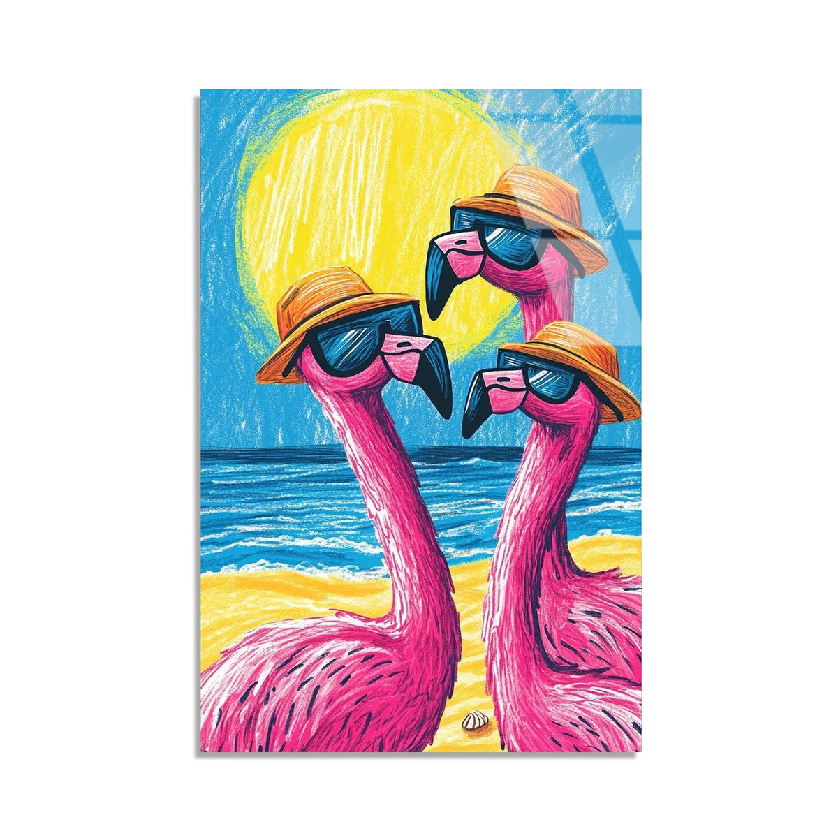 Gozluklu Flamingolar Plaj Cam Tablo