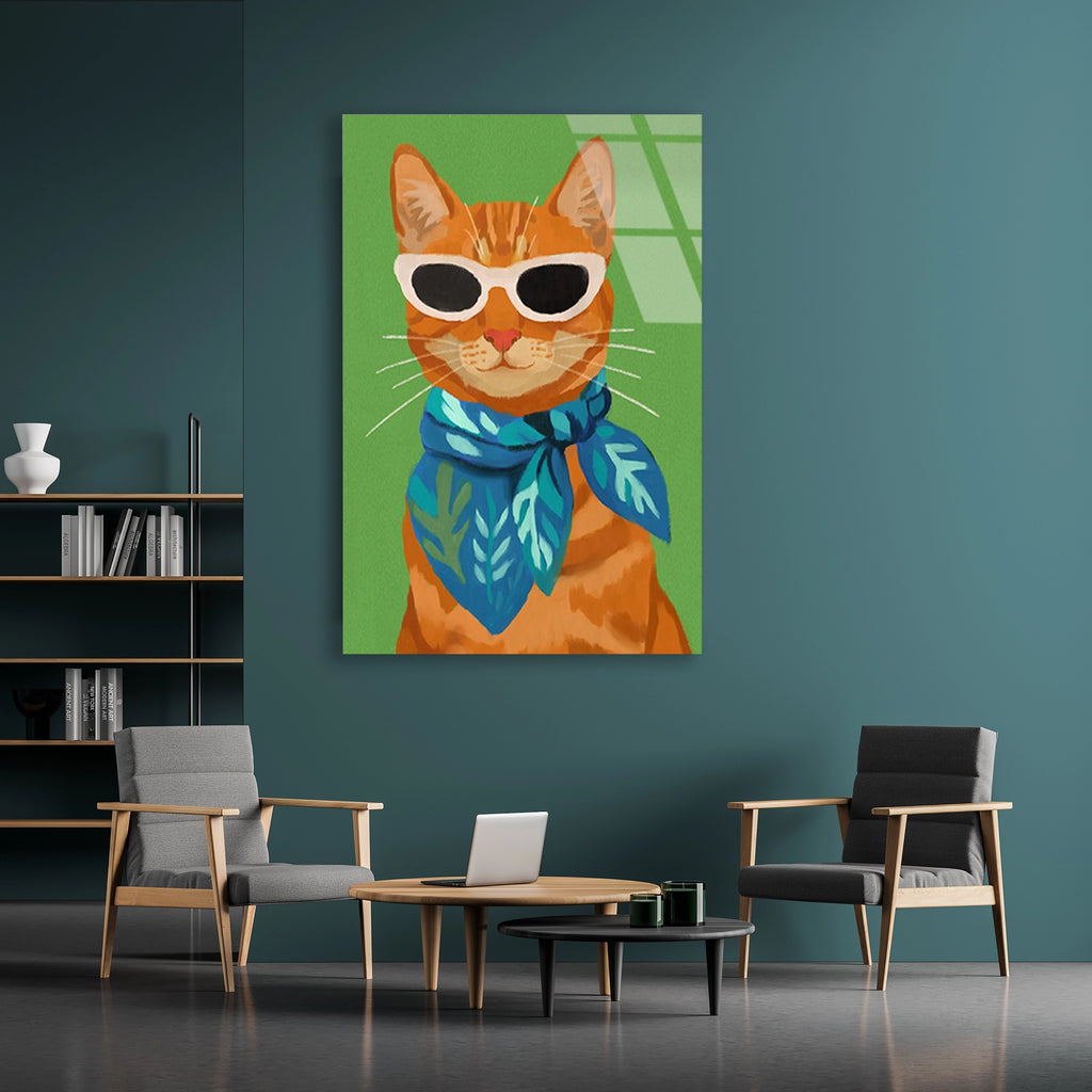 Gozluklu Turuncu Kedi Cam Tablo