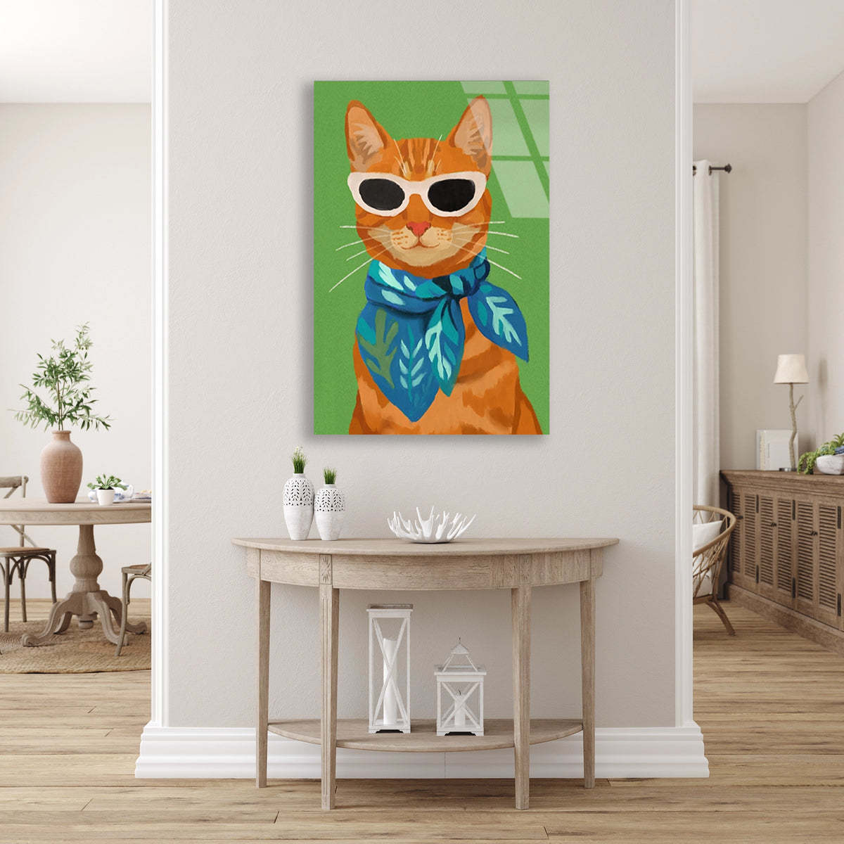Gozluklu Turuncu Kedi Cam Tablo