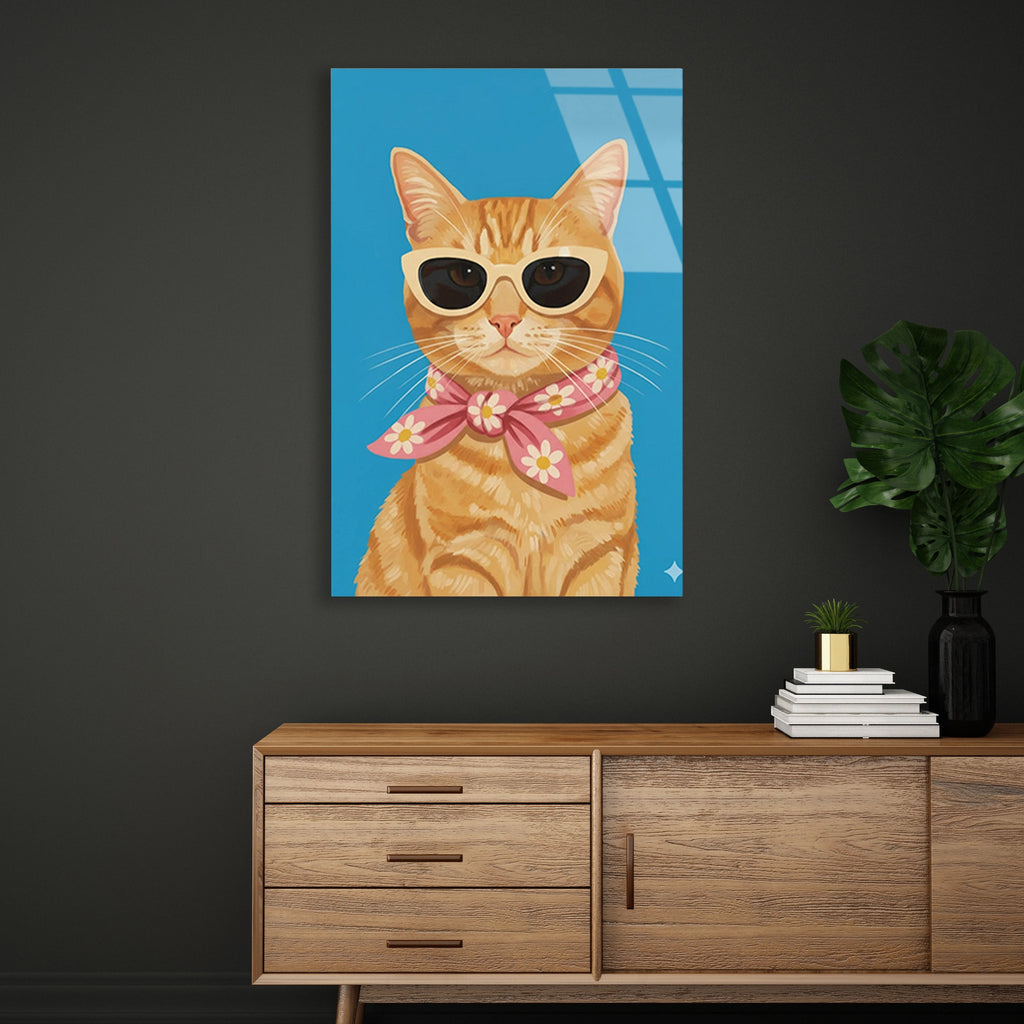 Gozluklu Turuncu Kedi Cam Tablo