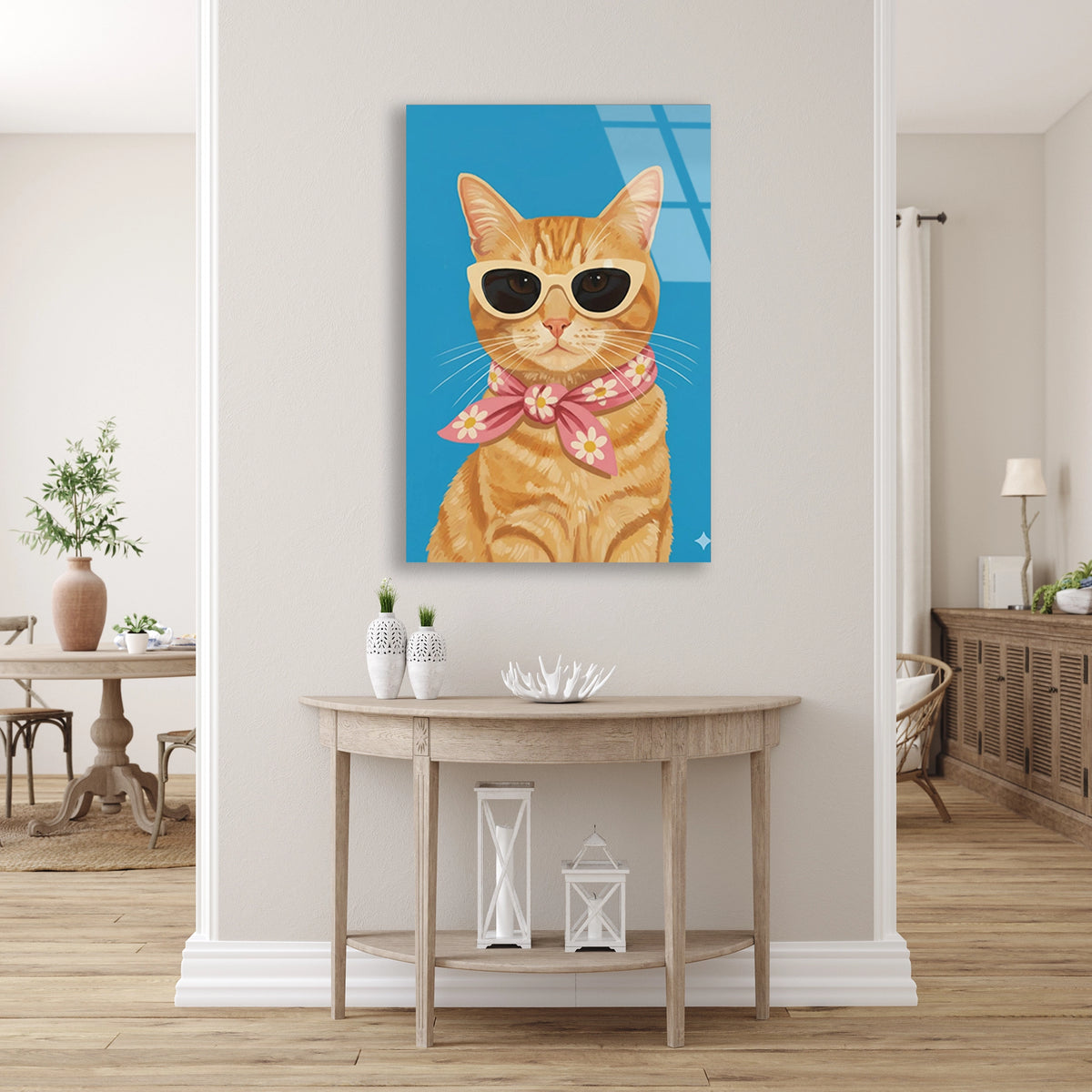 Gozluklu Turuncu Kedi Cam Tablo