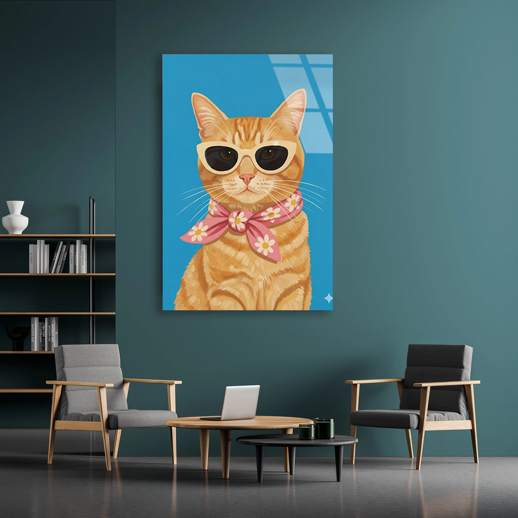 Gozluklu Turuncu Kedi Cam Tablo