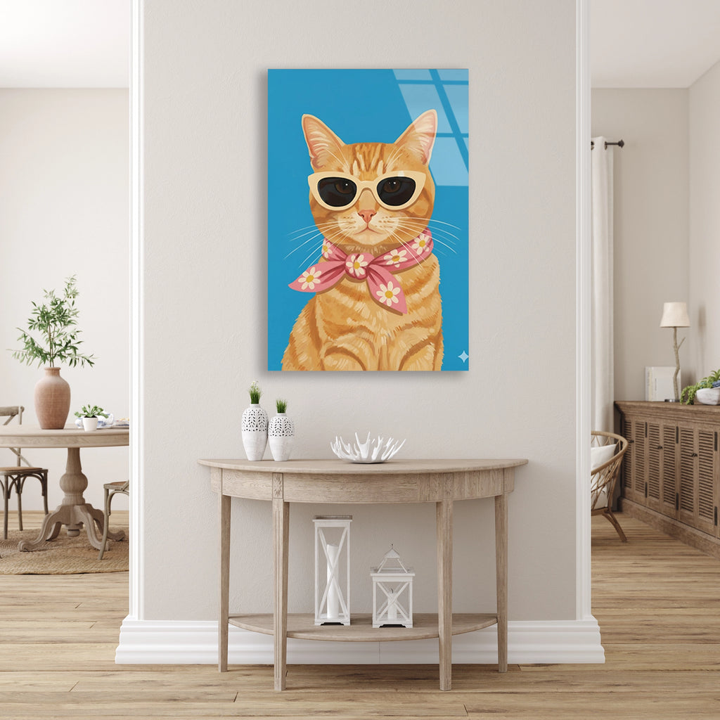 Gozluklu Turuncu Kedi Cam Tablo