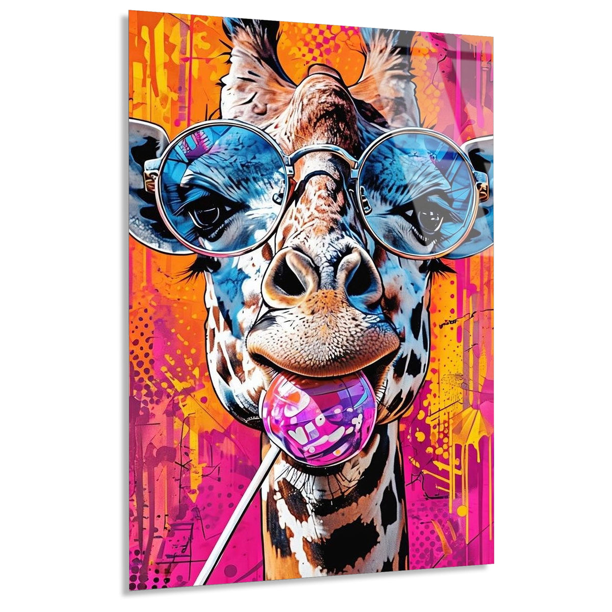 Gozluklu Zurafa Pop Art Cam Tablo