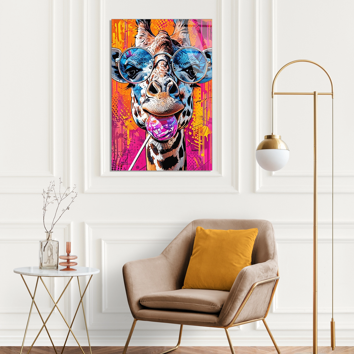 Gozluklu Zurafa Pop Art Cam Tablo