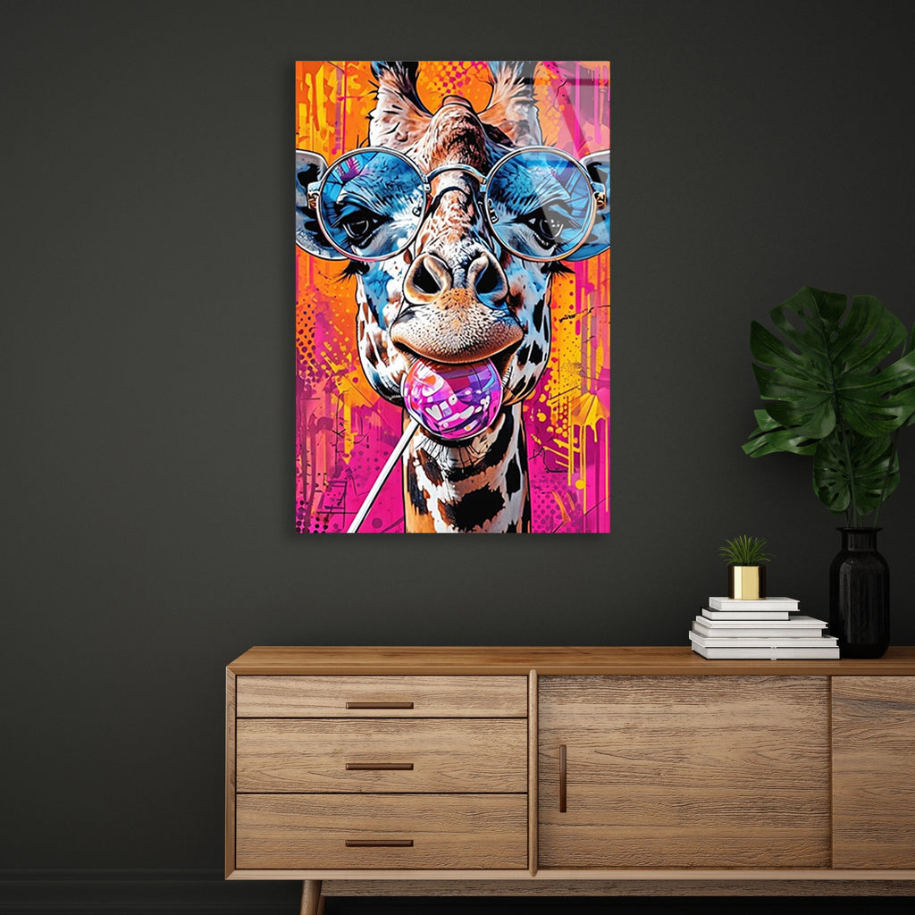 Gozluklu Zurafa Pop Art Cam Tablo