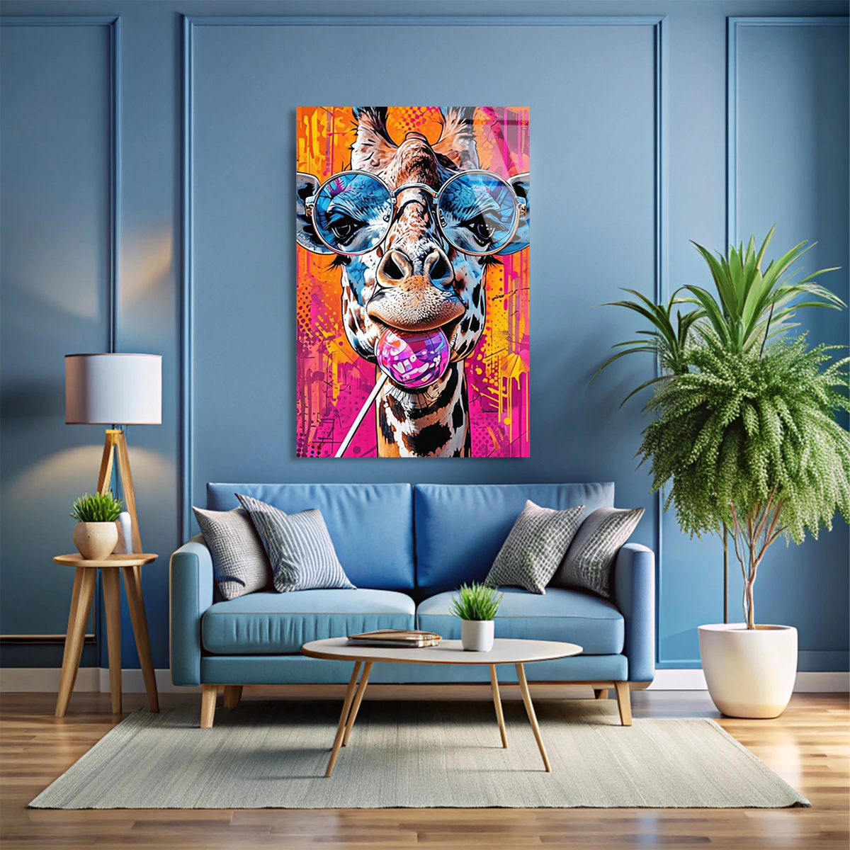 Gozluklu Zurafa Pop Art Cam Tablo