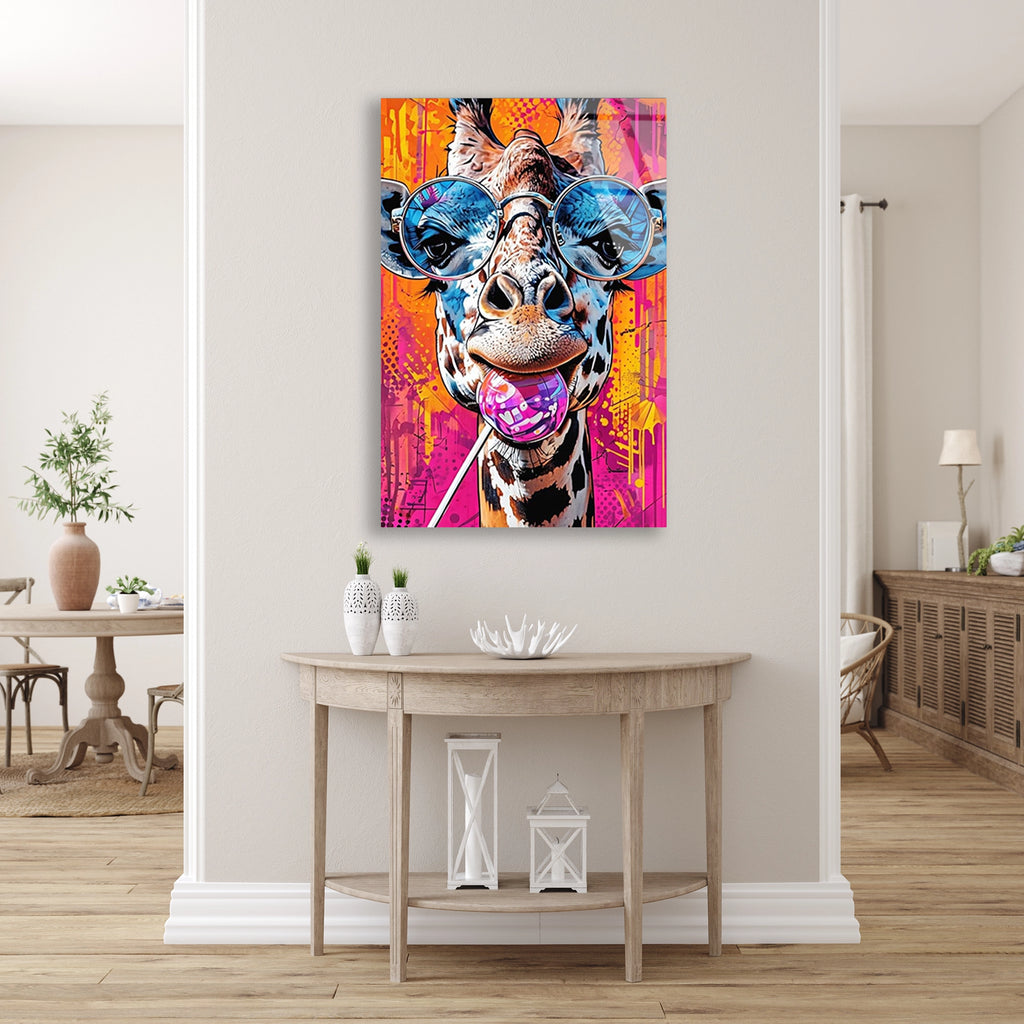 Gozluklu Zurafa Pop Art Cam Tablo