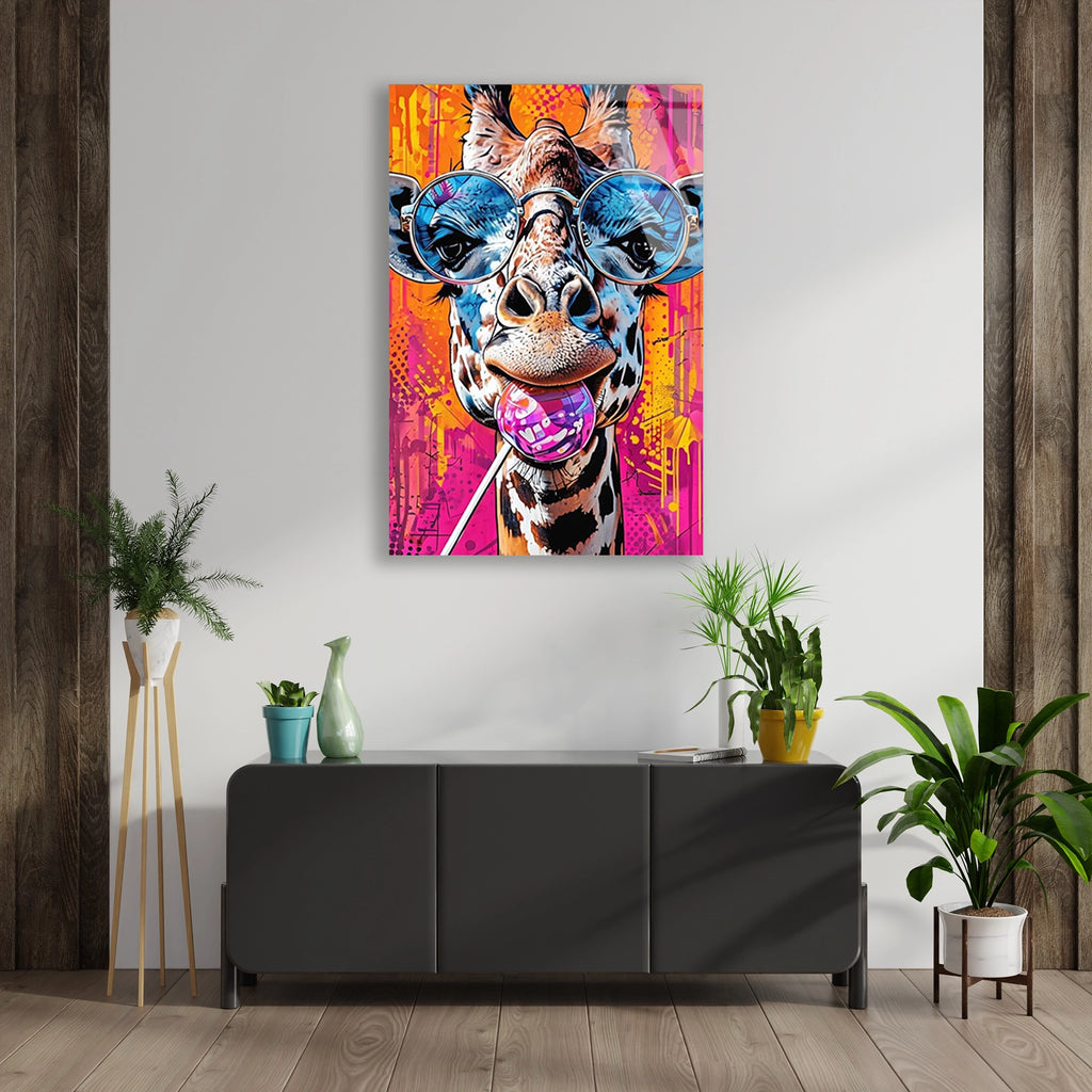 Gozluklu Zurafa Pop Art Cam Tablo