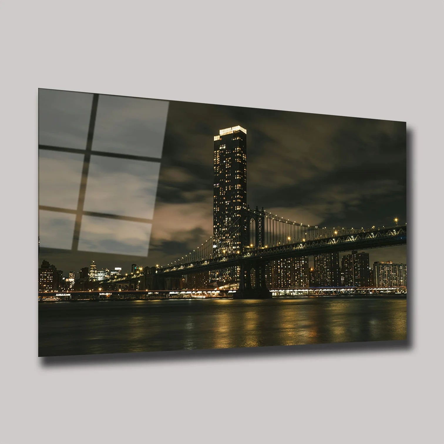 NEW YORK MANHATTAN KÖPRÜSÜ VE GECE ŞEHİR MANZARASI YATAY CAM TABLO - DEG0371