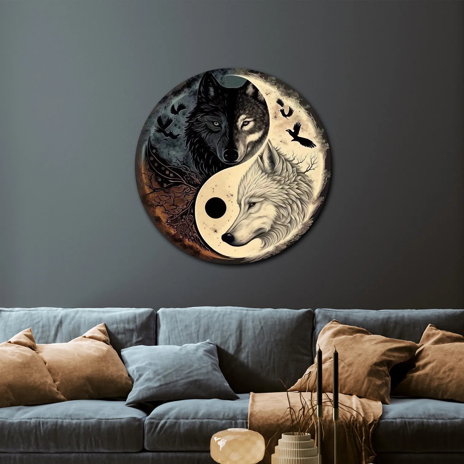 Yin Yang Kurtlar Yuvarlak Metal Tablo