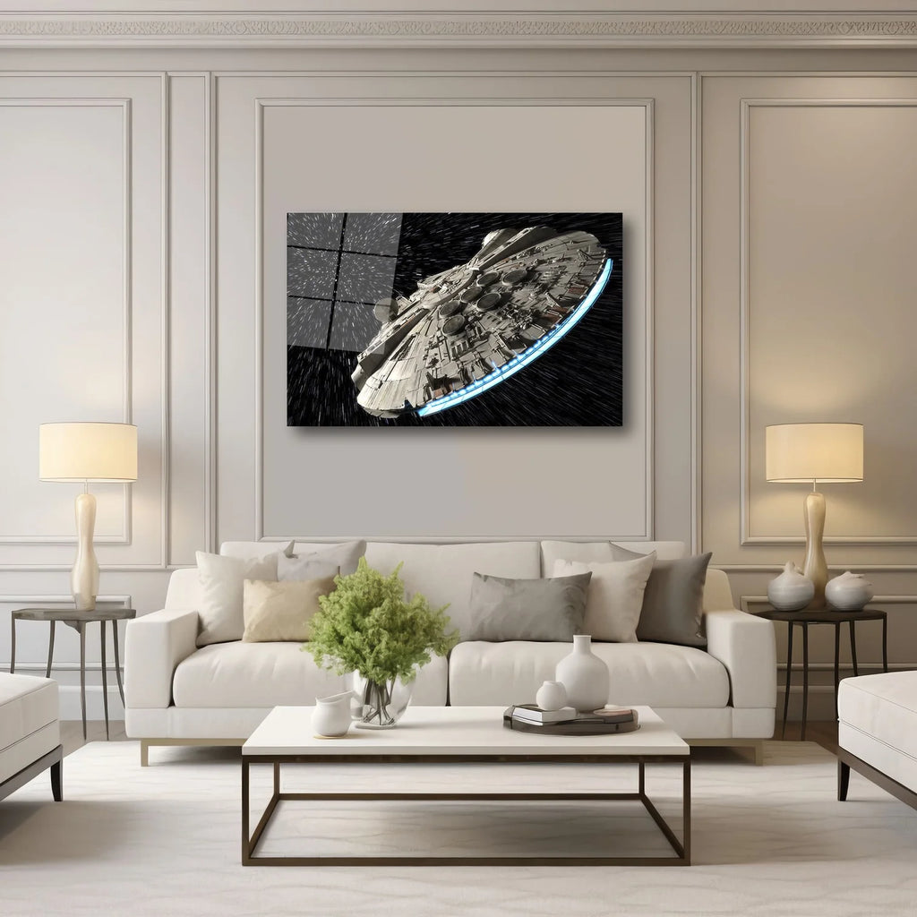STAR WARS MILLENNIUM FALCON UZAY GEMİSİ VE IŞIK HIZI YATAY CAM TABLO - DEG0360