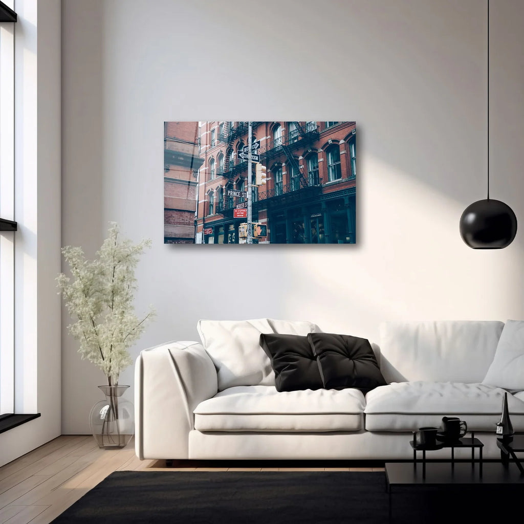 NEW YORK PRINCE STREET SOKAK TABELASI VE TARİHİ BİNALAR YATAY CAM TABLO - DEG0318