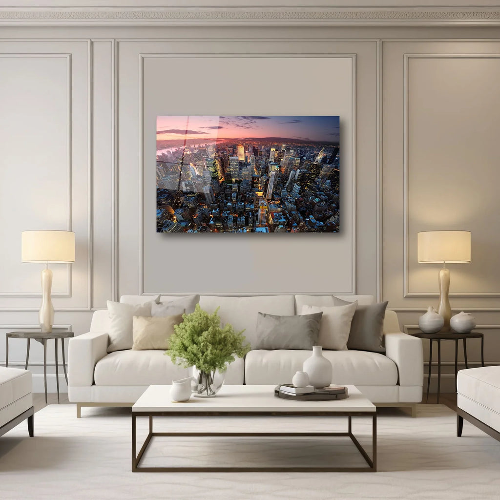 NEW YORK MANHATTAN GÜN BATIMI VE ŞEHİR IŞIKLARI YATAY CAM TABLO - DEG0375