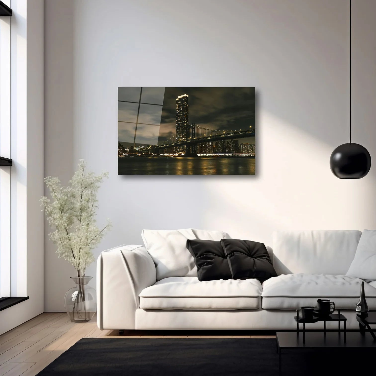 NEW YORK MANHATTAN KÖPRÜSÜ VE GECE ŞEHİR MANZARASI YATAY CAM TABLO - DEG0371
