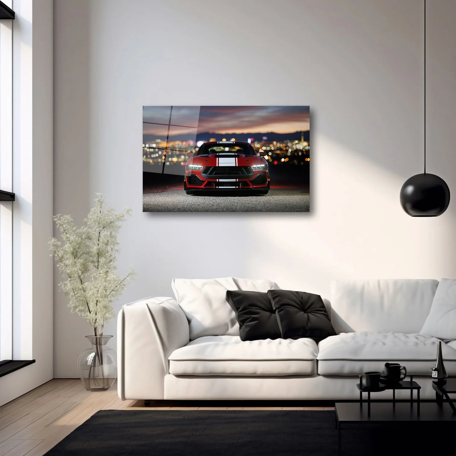 KIRMIZI FORD MUSTANG VE ŞEHİR IŞIKLARI MANZARALI YATAY CAM TABLO - DEG0320