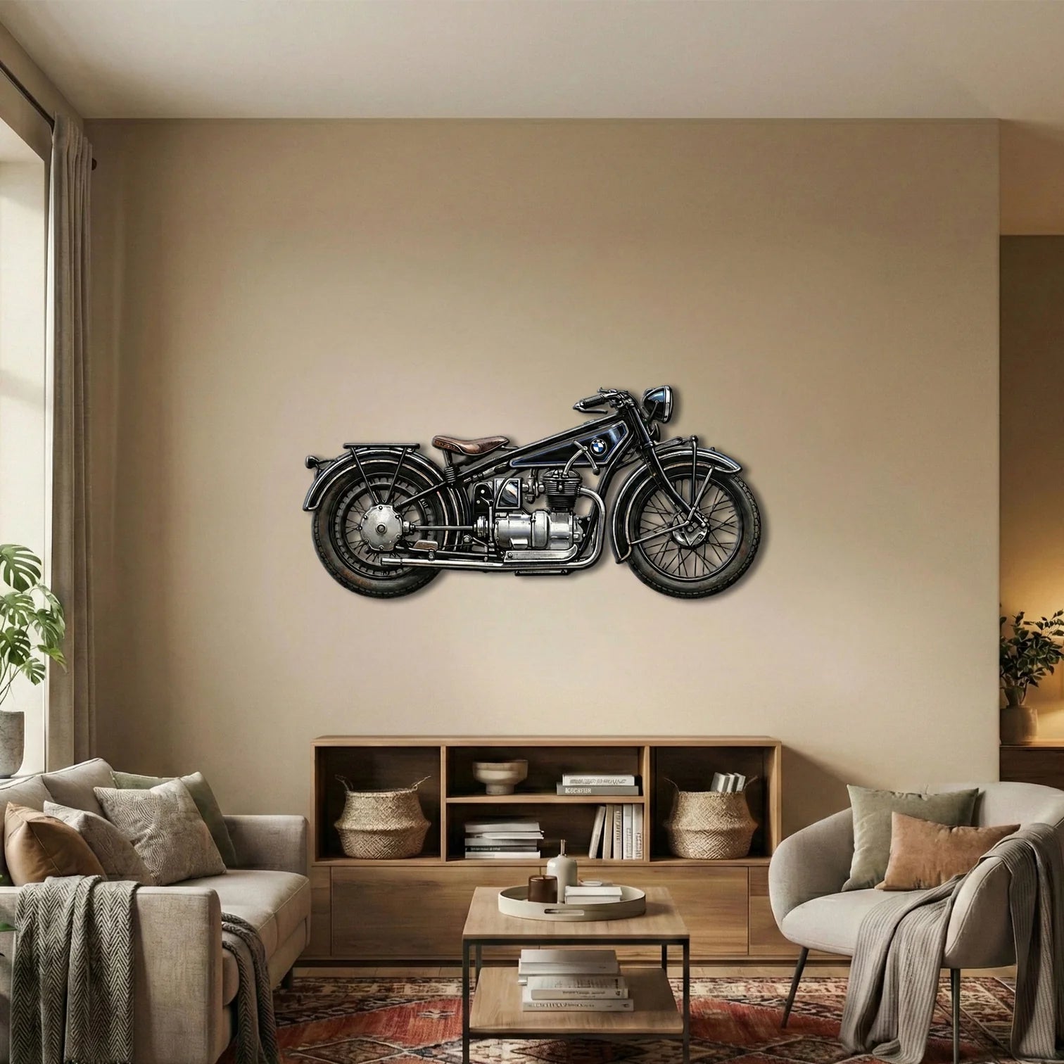 Klasik BMW Motosiklet Tasarımlı UV Baskı Metal Tablo - Retro Duvar Dekoru