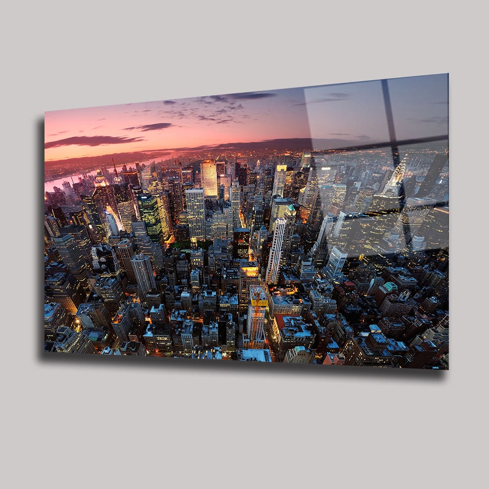 NEW YORK MANHATTAN GÜN BATIMI VE ŞEHİR IŞIKLARI YATAY CAM TABLO - DEG0375