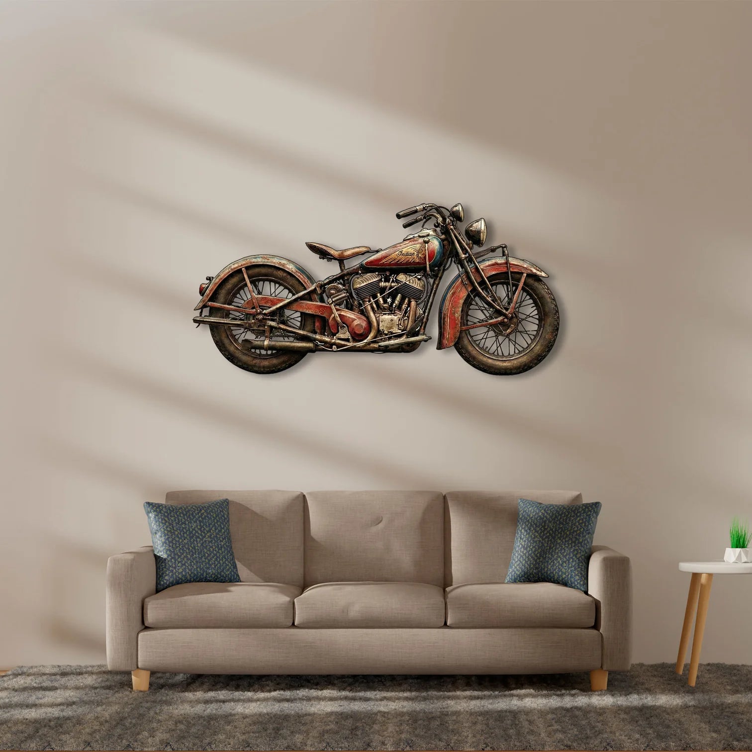 Nostaljik Indian Motosiklet Tasarımlı Eskitme Metal Tablo - Retro Duvar Dekoru