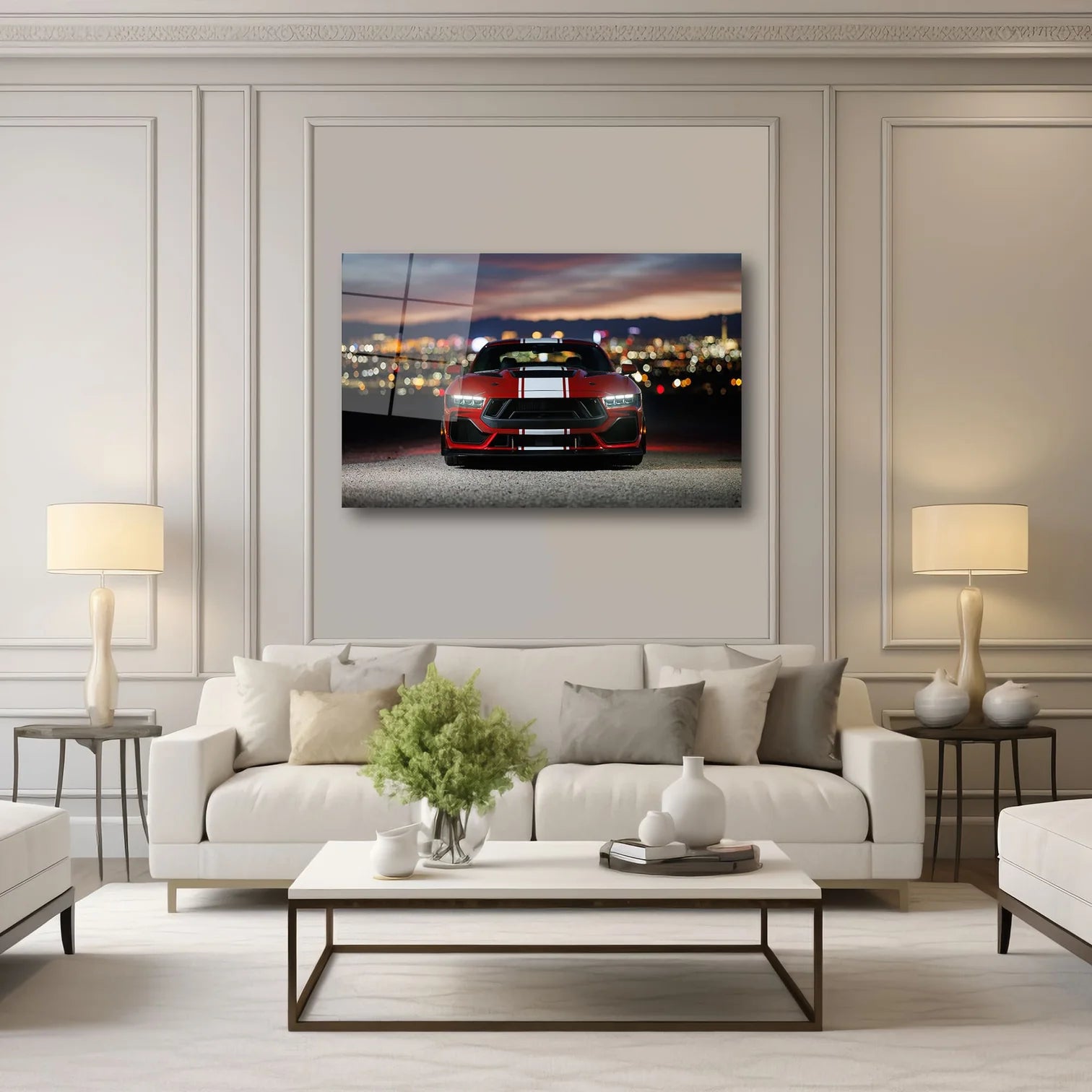 KIRMIZI FORD MUSTANG VE ŞEHİR IŞIKLARI MANZARALI YATAY CAM TABLO - DEG0320