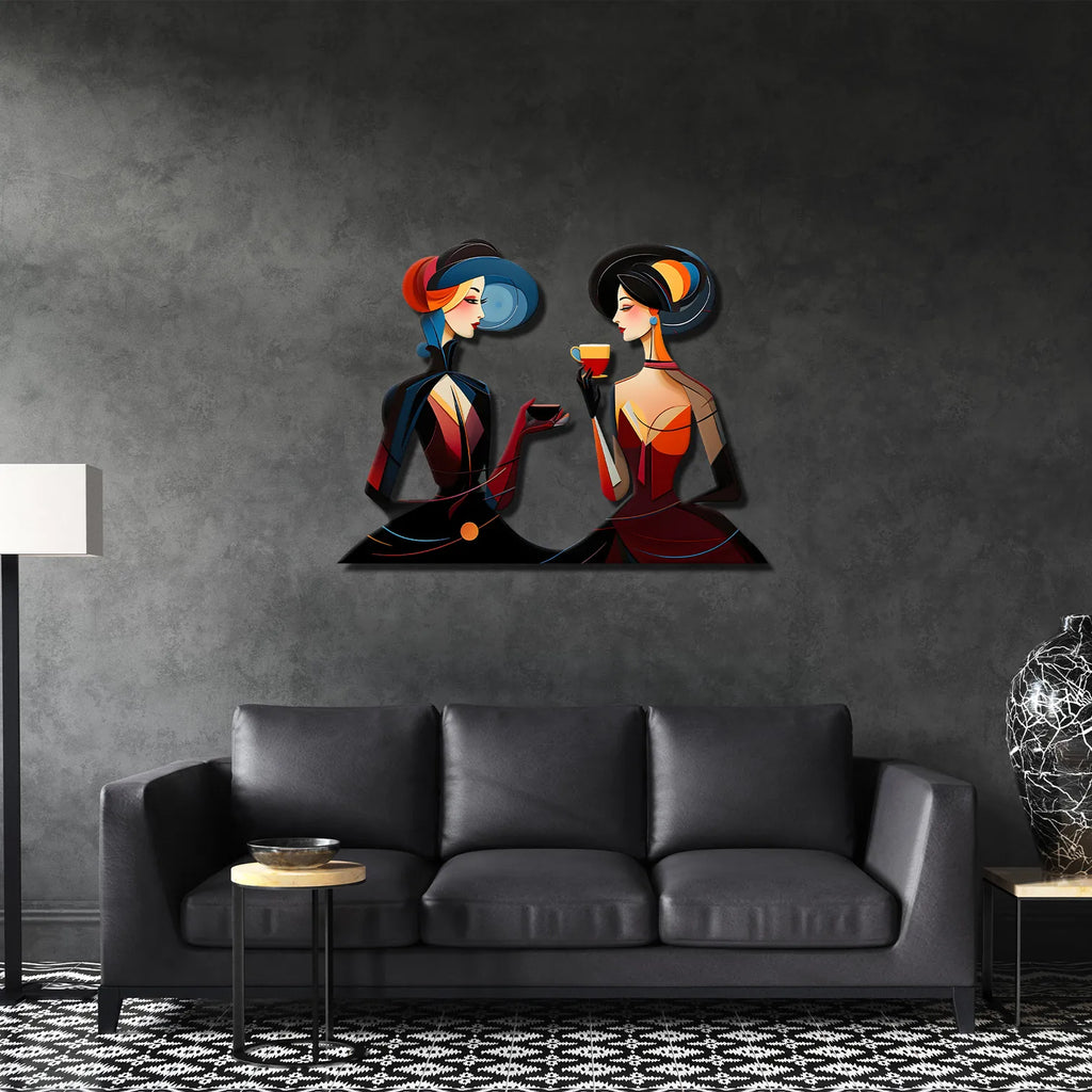 Kahve İçen Kadınlar Renkli Metal Tablo - Kandinsky Tarzı