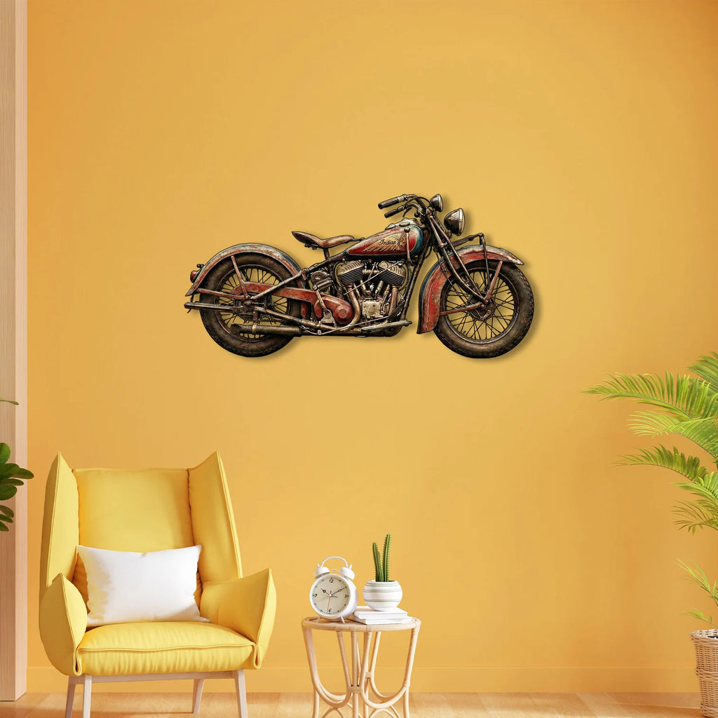 Nostaljik Indian Motosiklet Tasarımlı Eskitme Metal Tablo - Retro Duvar Dekoru