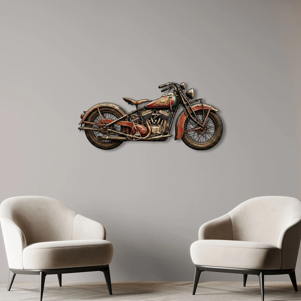 Nostaljik Indian Motosiklet Tasarımlı Eskitme Metal Tablo - Retro Duvar Dekoru
