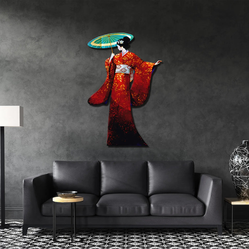 Geisha Japon Sanat Tasarımlı Metal Duvar Dekoru – Kırmızı Kimono Figürü