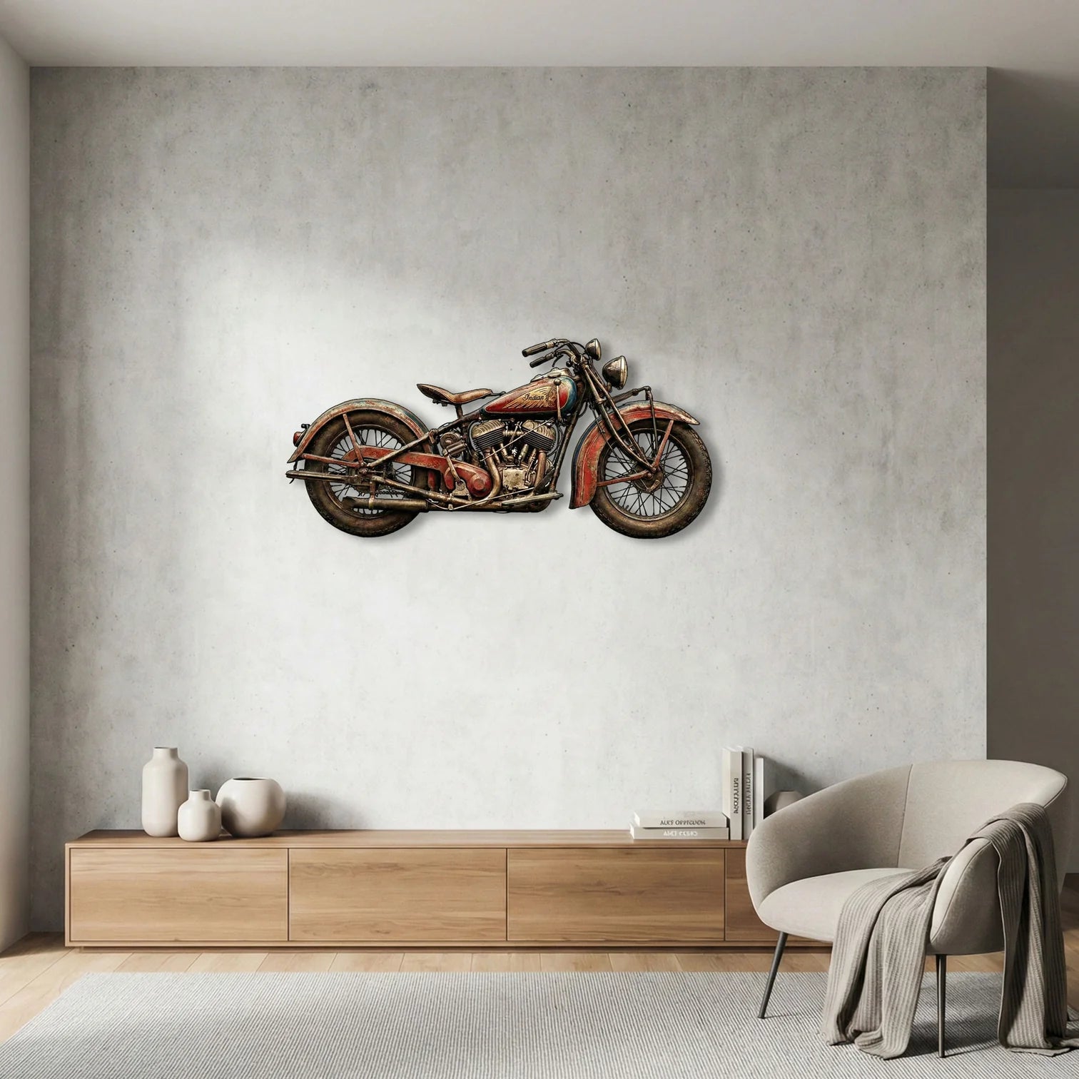 Nostaljik Indian Motosiklet Tasarımlı Eskitme Metal Tablo - Retro Duvar Dekoru