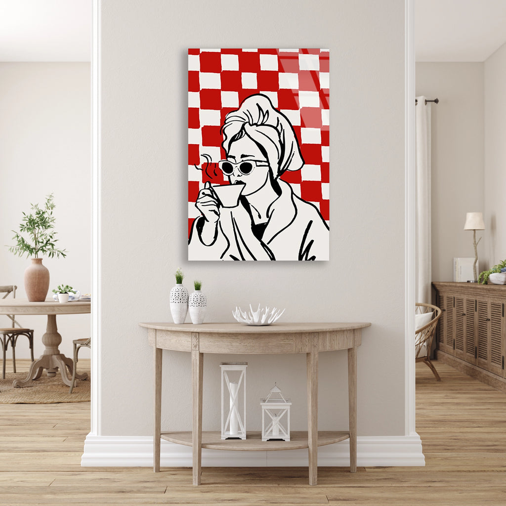 Kahve Icen Kadin Pop Art Cam Tablo