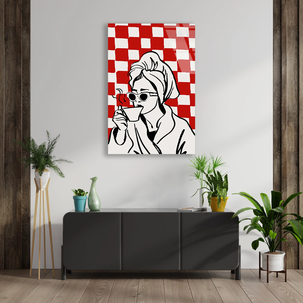 Kahve Icen Kadin Pop Art Cam Tablo