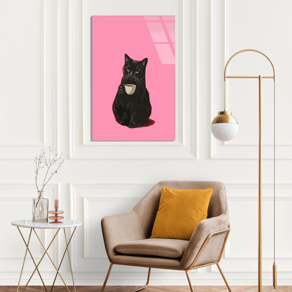 Kahveli Siyah Kedi Cam Tablo