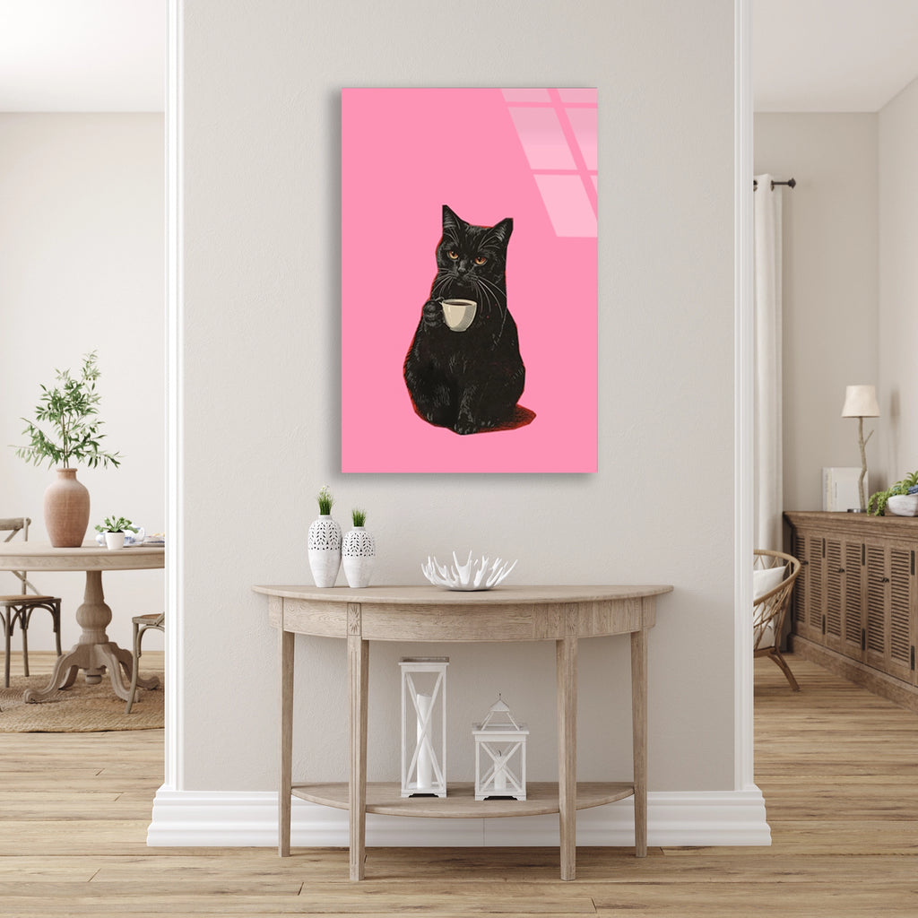 Kahveli Siyah Kedi Cam Tablo