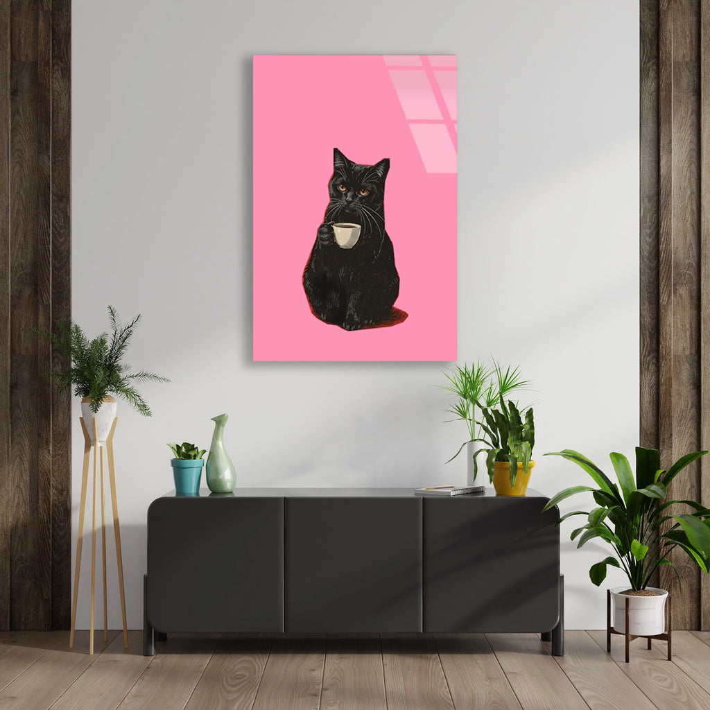 Kahveli Siyah Kedi Cam Tablo