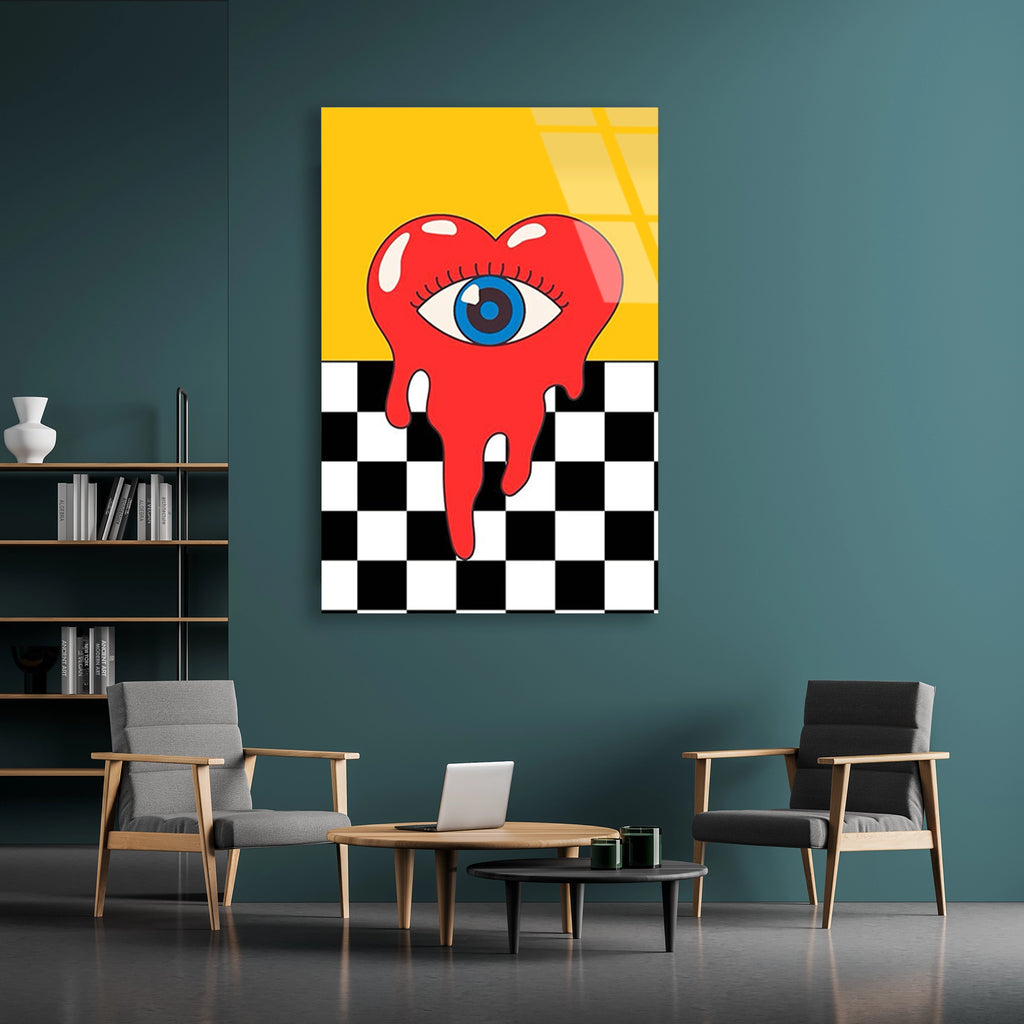 Kalp Goz Dama Deseni Cam Tablo