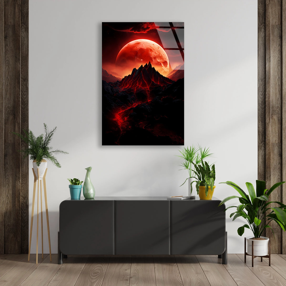 Kanli Ay Ve Daglar Cam Tablo
