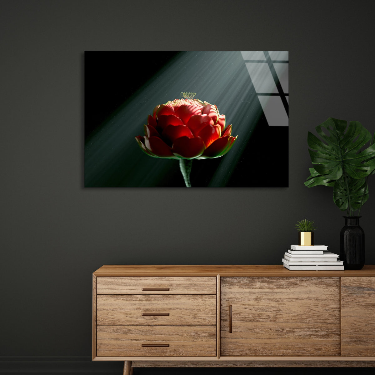 Kırmızı Çiçek Cam Tablo