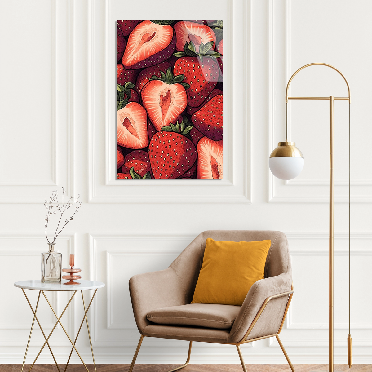 Kirmizi Cilek Deseni Cam Tablo
