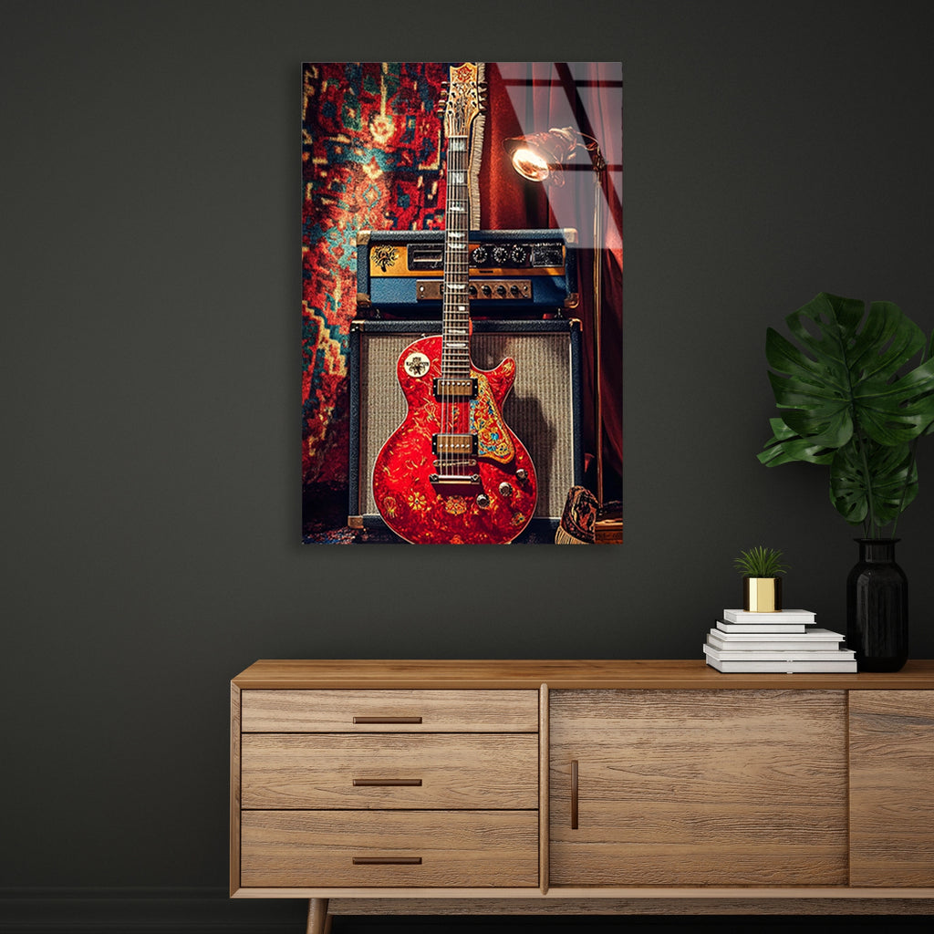 Kirmizi Elektro Gitar Cam Tablo