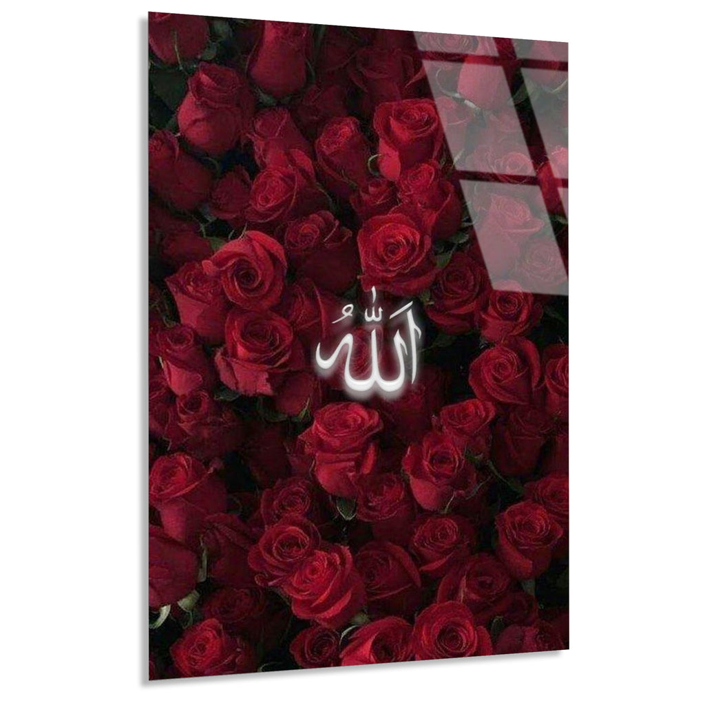 Kirmizi Guller Allah Yazisi Cam Tablo