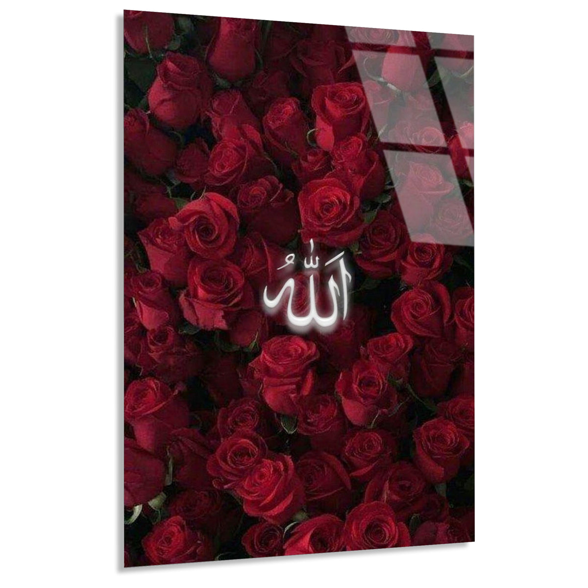 Kirmizi Guller Allah Yazisi Cam Tablo