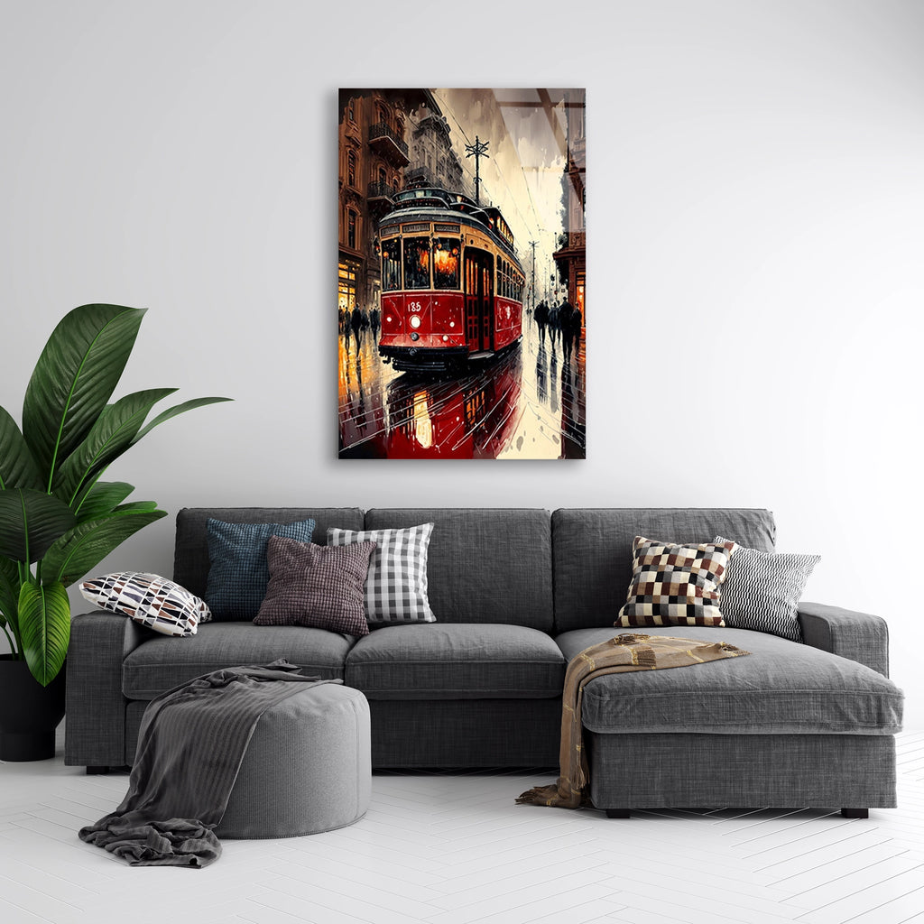 Kirmizi Tramvay Sehir Cam Tablo